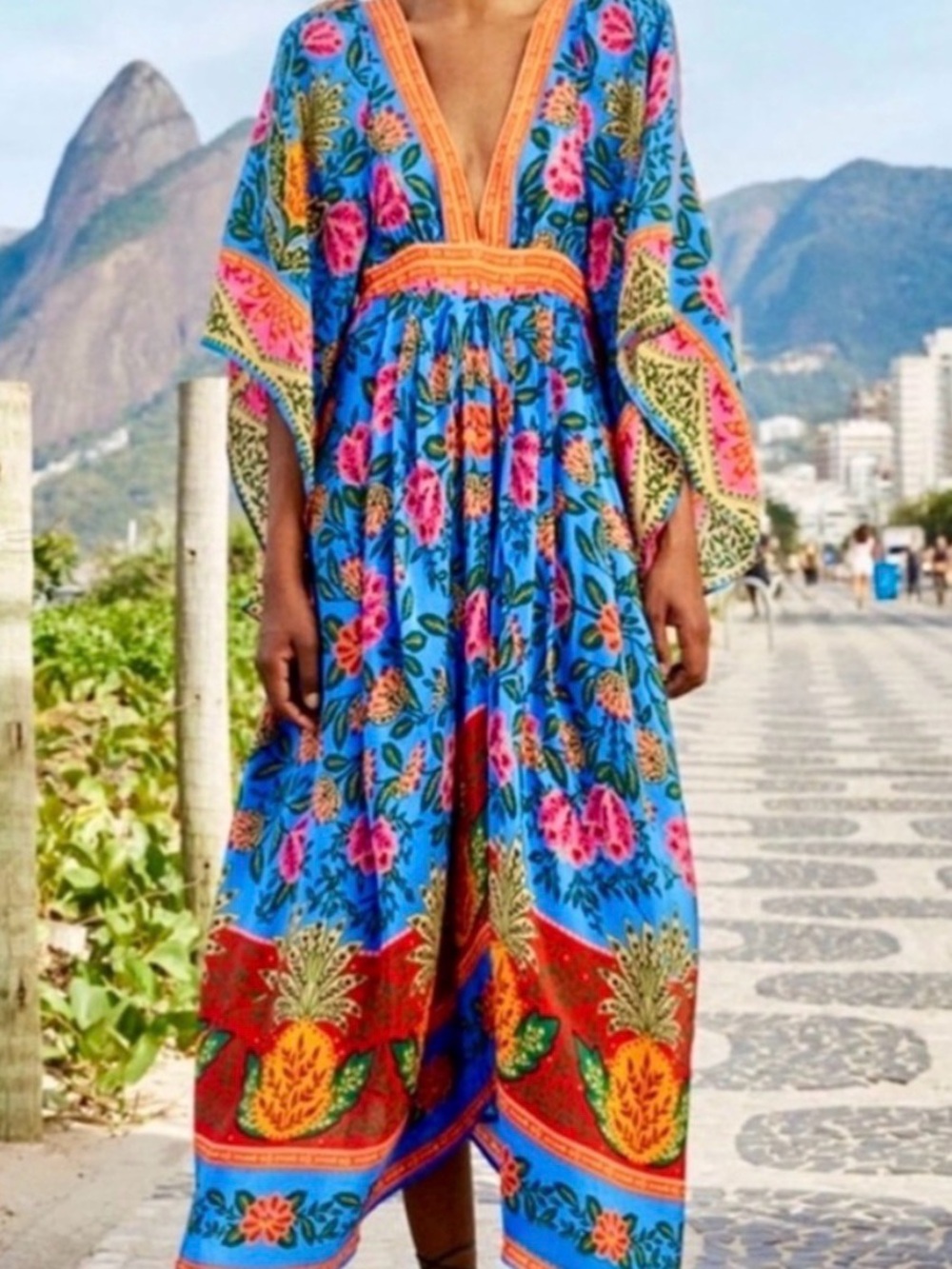 Farm Rio Blue Tropical Floral Pineapple Print Maxi Dress Boho Resort Size  XS